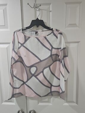 SHEIN Pink & White Chain-Print Long Sleeve Blouse